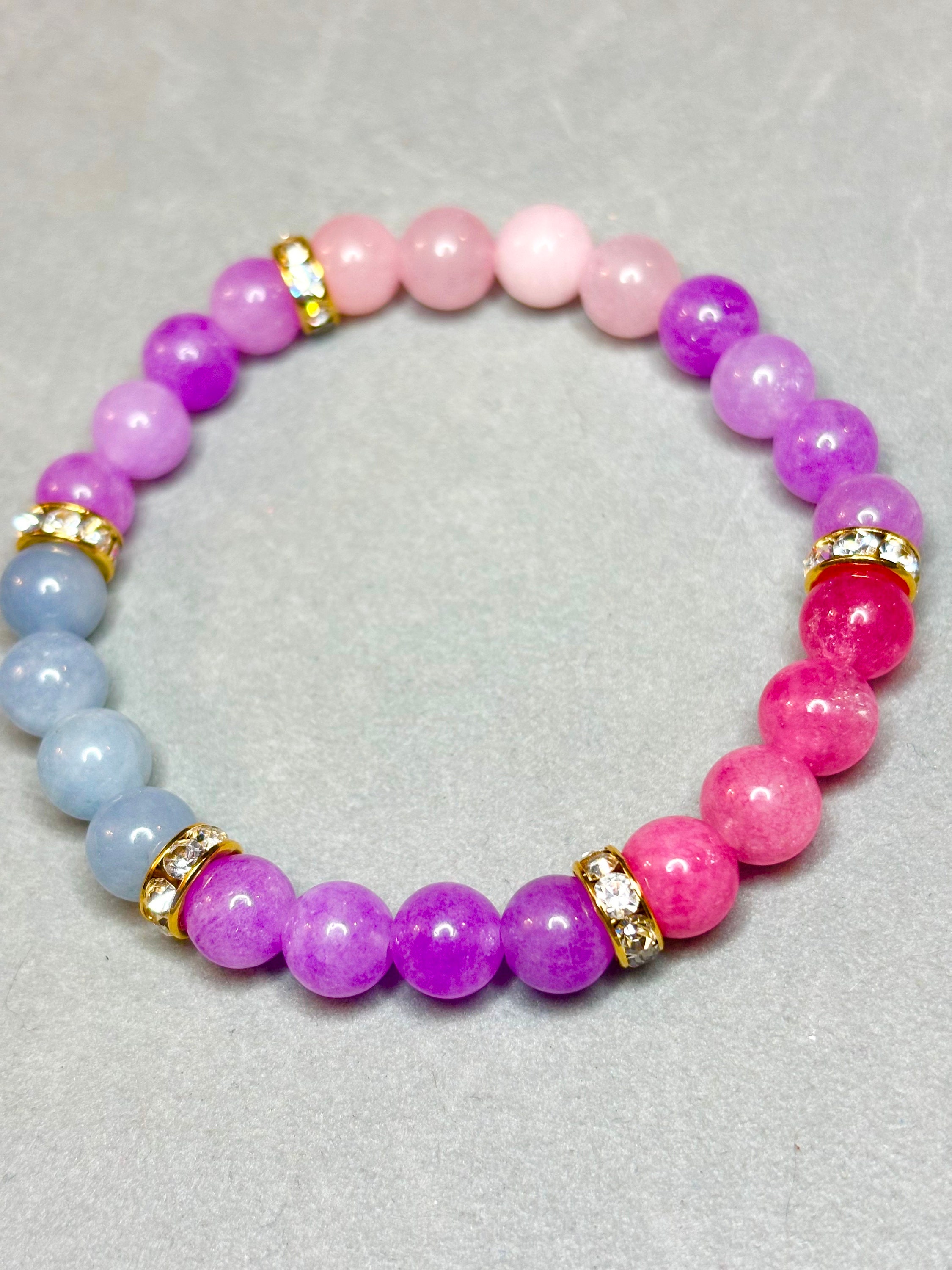 Pulseira Romance 2: pulseira elástica de ametista genuína, morganita azul, rodocrosita e quartzo rosa de 7 polegadas
