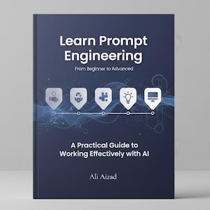 May include: A hardcover book titled "Learn Prompt Engineering" with a dark blue cover. The title is in white, with the subtitle "From Beginner to Advanced." Below the title are five white icons. The book is a practical guide to working effectively with AI.