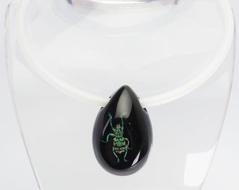 Unusual egg shaped black lucite necklace with real exotic beetle