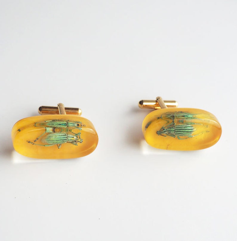 Funky yellow lucite cufflinks with real exotic bugs image 3