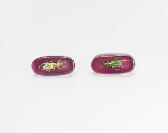 Fun burgundy lucite cufflinks with real iridescent cufflinks