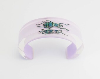 Fun light purple lucite summer cuff bracelet with real beetle