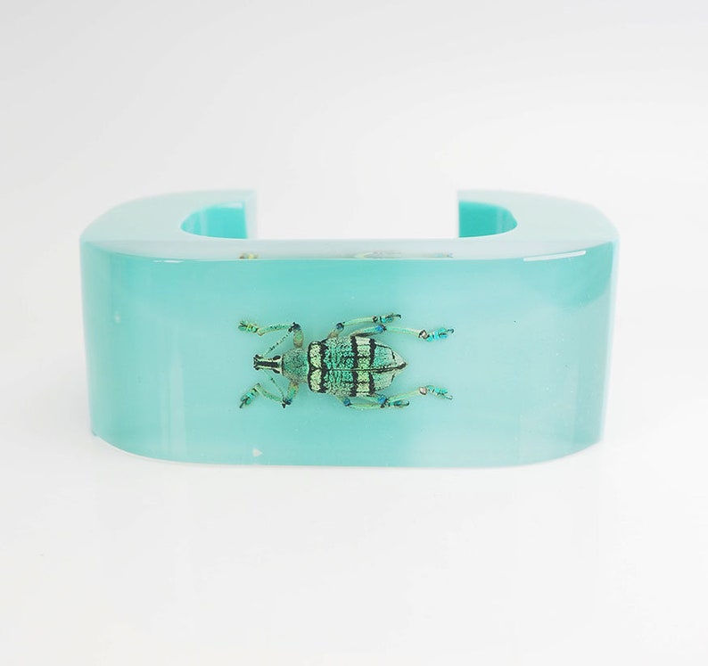 Unique abstract brutal blue lucite bracelet with real beetles image 2