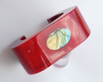 Bright red lucite cuff bracelet with real gemstone