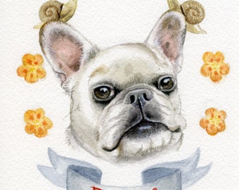 Custom Watercolor Painting Pet Portrait (with name banner and border)
