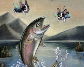 Boston Terrier Trout Fly fishing Art Print