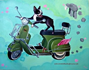 Boston Terrier riding Vespa Art Print