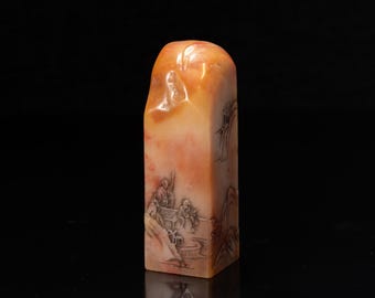 Sigillo in pietra di Gaoshan / Paesaggio inciso a mano / Decorazione da scrivania per studiosi del Fujian / Regalo da collezione
