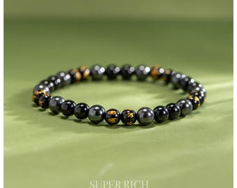 Bracciale in ematite e ossidiana nera / Perline del mantra a sei sillabe / Bracciale di protezione unisex / Gioielli energetici curativi