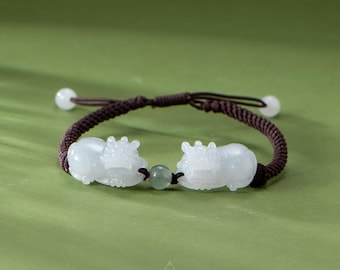 Bracciale Pixiu Doppio Signore Supremo in Giada Bianca Tipo A / Amuleto Feng Shui per la Protezione della Ricchezza