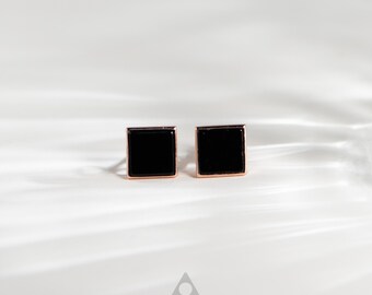 Orecchini a lobo quadrati in giada nera, argento sterling, gioielli minimalisti