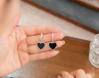 Orecchini a cerchio a forma di cuore in giadeite verde inchiostro naturale / Orecchini pendenti in giada onfacite tipo A / Orecchini pendenti in argento S925 / Regalo di gioielli portafortuna