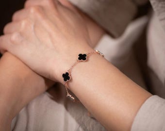 Bracciale a forma di foglia portafortuna in giada nera in argento 925, bracciale minimalista a forma di trifoglio, elegante gioiello in giada