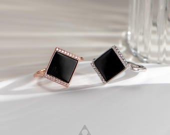 Anello quadrato in giadeite nera onfacite / Anello regolabile in argento S925 con zirconi cubici / Gioielli Feng Shui in oro bianco o oro rosa