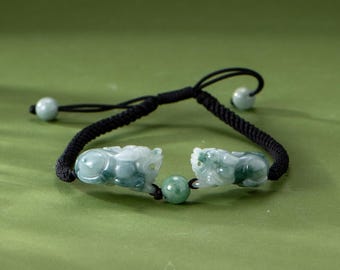 Bracciale doppio Pixiu in giada tipo A / Amuleto verde naturale per la ricchezza, cordino nero