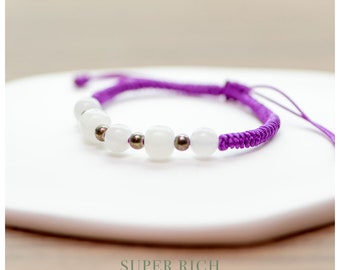 Bracelet fait main en jade néphrite blanc | Cordon réglable, chakra de la couronne