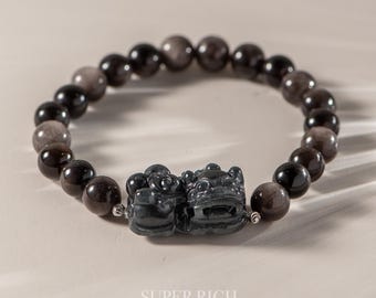 Bracciale Pixiu in giada nera – Giadeite Wuji di tipo A con ossidiana per ricchezza e protezione