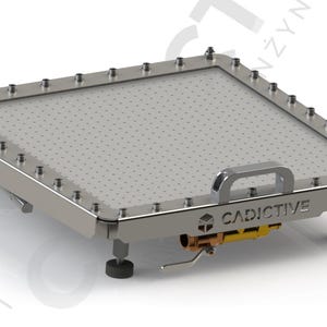 May include: A silver metal platform with a perforated surface and a handle. The platform has four adjustable legs and a CADICTIVE logo on the side.