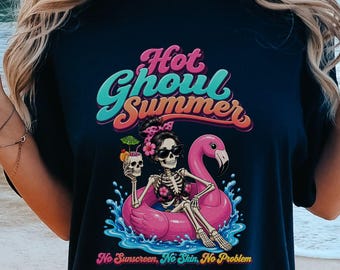 Hot Ghoul Summer Shirt, Summerween T-Shirt, Funny Skeleton Flamingo Tee, Spooky Summer Beach Tshirt