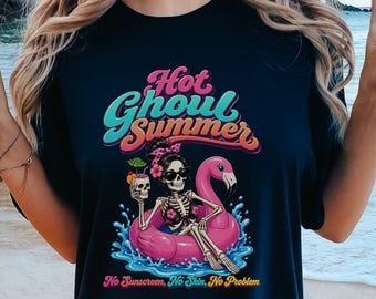 Hot Ghoul Summer Shirt, Summerween T-Shirt, Funny Skeleton Flamingo Tee, Spooky Summer Beach Tshirt