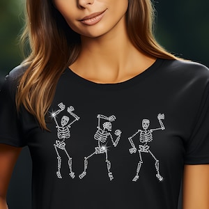 Halloween Rhinestone Skeleton Shirt, Scary Bling t-shirt, Fall Ladies T pumpkin patch, trick or treat, fall casual, teacher school party