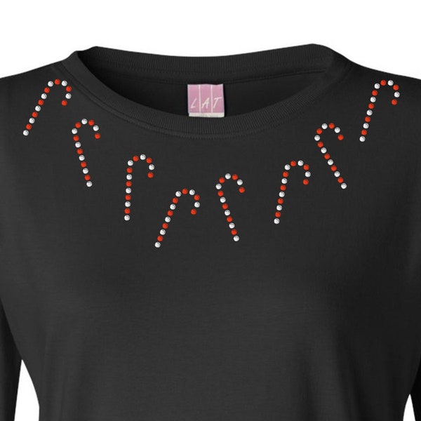 Candy Cane Christmas Ladies long Sleeve Rhinestones T xmas christmas party gift for her tis the season red and white stripes sparkle bling