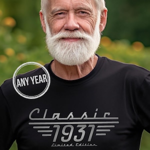 May include: Black t-shirt with the text "Classic 1937 Limited Edition" in silver. The t-shirt is worn by a person with a white beard and gray hair. The words "Any Year" and "Rush Shipping Option" are also visible.