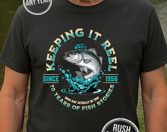 70th Birthday gift for men, Funny 1956 Birthday Fishing Shirt, Keeping It Reel Since 1956, Striped Bass Fishing, 70 Years of Fish Stories