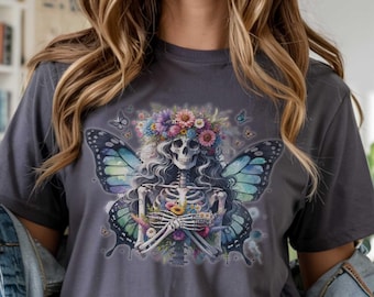 Skeleton Fairy Butterfly Watercolor Floral Graphic Tee & Tote Design, Vintage Grunge Summerween Shirt, Spooky Summer Bag