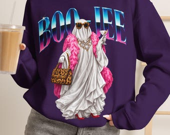 Boojee Ghost Halloween Sweatshirt, Leopard Print Boujee Ghost Tee, Pink Boa Martini Sweatshirt, Funny Halloween Gift for Her, Comfort Colors