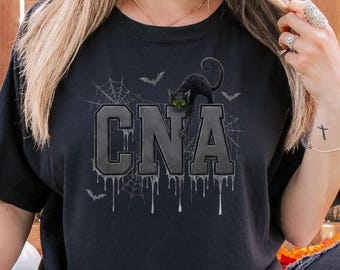 Spooky CNA Halloween Shirt, Comfort Colors Tee or Gildan Sweatshirt, Black Cat Nurse Assistant Gift, Funny CNA Nursing School Grad Tee