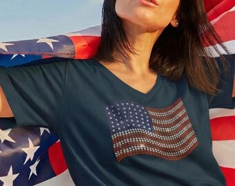 Rhinestone US Flag on Ladies V Neck T Patriotic Bling Sparkly United States Red White and Blue