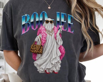 Boojee Ghost Halloween Shirt, Leopard Print Boujee Ghost Tee, Pink Boa Martini Sweatshirt, Funny Halloween Gift for Her, Comfort Colors Tee