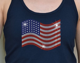 Rhinestone American Flag Tank, US Flag Tank Top, Patriotic Bling, Sparkly United States Flag, USA Shirt, Red White & Blue for her