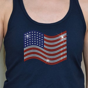 Rhinestone American Flag Tank, US Flag Tank Top, Patriotic Bling, Sparkly United States Flag, USA Shirt, Red White & Blue for her