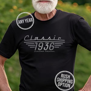May include: Black t-shirt with the text "Classic 1936 Limited Edition" in silver lettering. The shirt has a crew neck and short sleeves. The image also includes the text "Any Year" and "Rush Shipping Option".