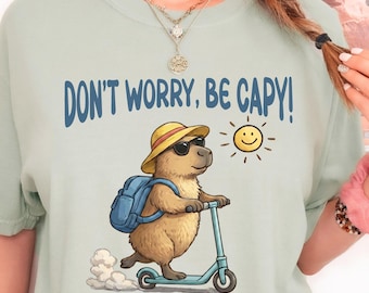 Don't Worry Be Capy Comfort Colors Shirt, Cute Capybara Scooter Adult or Kids Youth T-Shirt