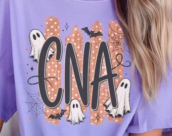 Halloween CNA Shirt, Retro Grunge Ghost Bats Stripes, Comfort Colors Tee, Gildan Sweatshirt, Nurse Assistant Gift, CNA Nursing School Grad