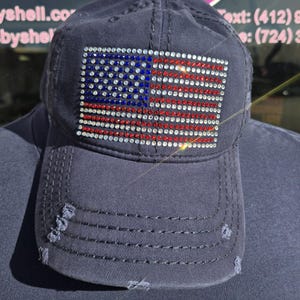 Distressed Denim Ball Cap with Bling Rhinestone American Flag, Patriotic Mesh Back Hat Rhinestone USA Flag, Trucker Hat, Gift for July 4th