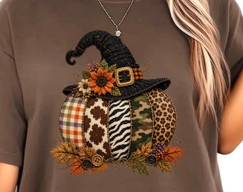 Fall patchwork pumpkin Comfort Colors T or Sweatshirt, Cute Witch hat pumpkin fall autumn sweater, Thanksgiving Shirt