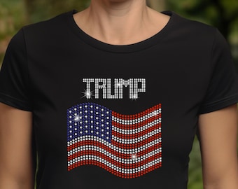 TRUMP Rhinestone American Flag Shirt, Patriotic, Bling, Sparkly, United States, Red White and Blue, Trump 2024, Trump Vance Election