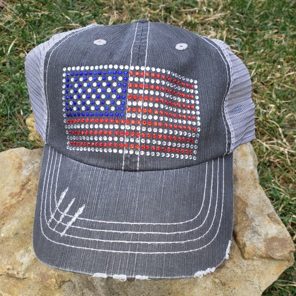 Distressed Denim Ball Cap with Bling Rhinestone American Flag, Patriotic Mesh Back Hat Rhinestone USA Flag, Trucker Hat, Gift for July 4th