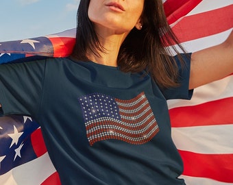 Rhinestone US Flag on Ladies V Neck T Patriotic Bling Sparkly United States Red White and Blue