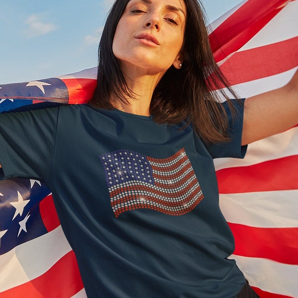 USA Stars & Stripes Rhinestone V-Neck Tee – Sparkle in Patriotic Style