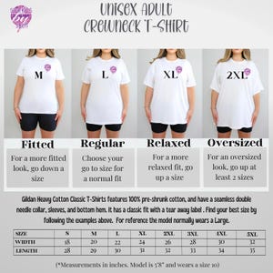 May include: White unisex crewneck t-shirts in sizes M, L, XL, and 2XL, modeled on different body types. The shirts have a small graphic on the chest. The image includes a size chart with measurements in inches and descriptions of the fit.