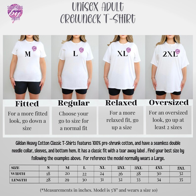 May include: White unisex crewneck t-shirts in sizes M, L, XL, and 2XL, modeled on different body types. The shirts have a small graphic on the chest. The image includes a size chart with measurements in inches and descriptions of the fit.