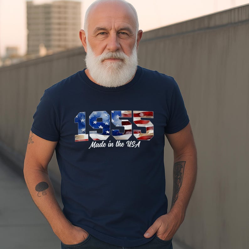 1955 Made in the USA tee with American flag numbers, navy shirt, 70th birthday gift for men, patriotic and vintage style
