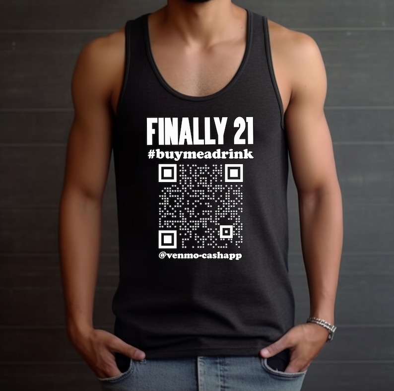 Close-up of a man in a black tank top with the "Finally 21" QR code design, ideal for casual birthday celebrations.