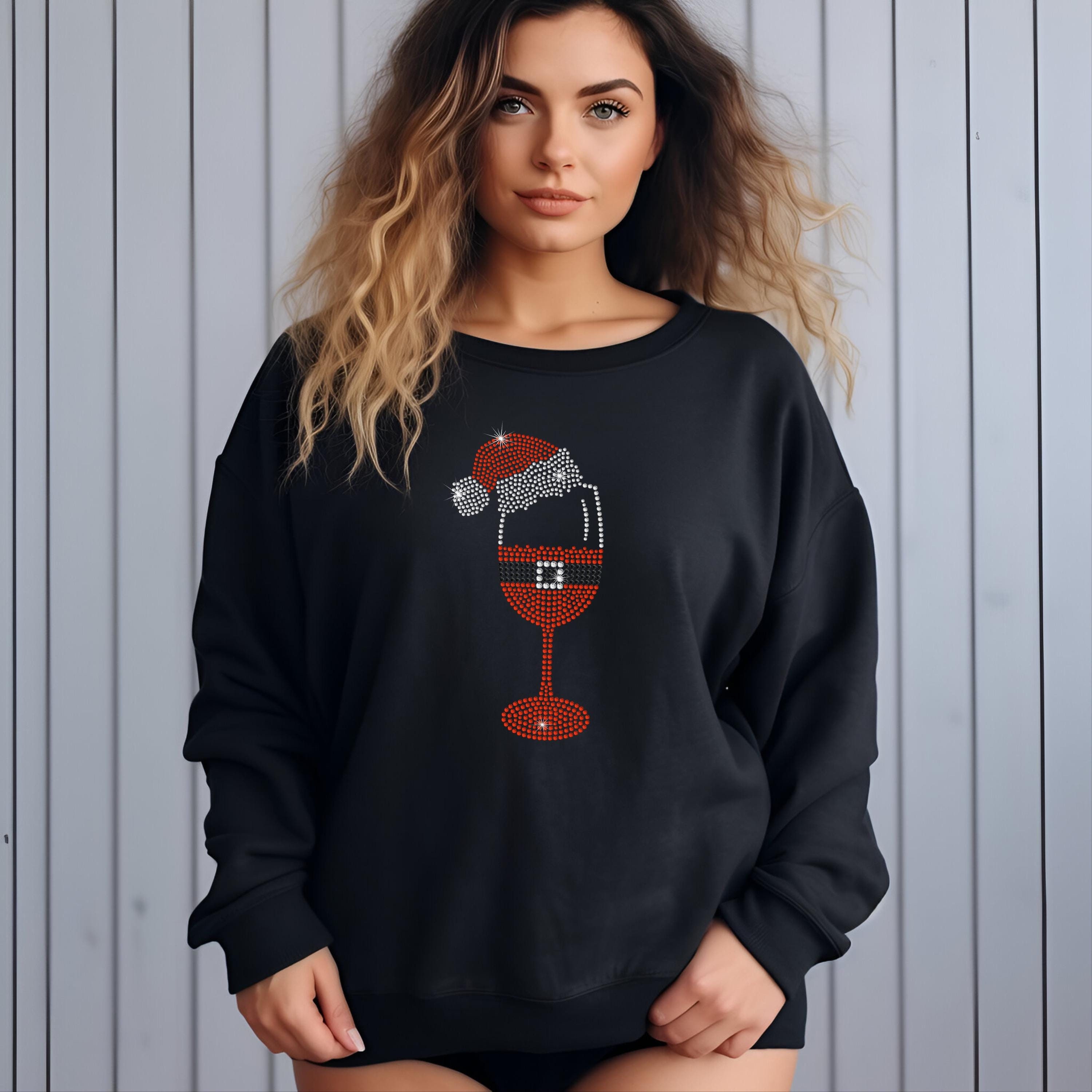 Sparkly Rhinestone Santa Wine Glass Shirt, Short, Long Sleeve, Sweatshirt, Holiday Bling for Wine Lovers, Parties & Shopping, gift for her