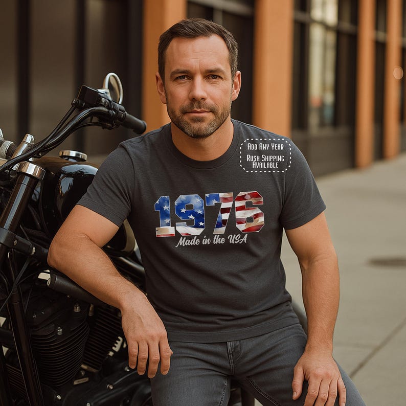 1976 Made in the USA shirt with flag numbers, dark heather grey tee, 50th birthday gift for patriotic men